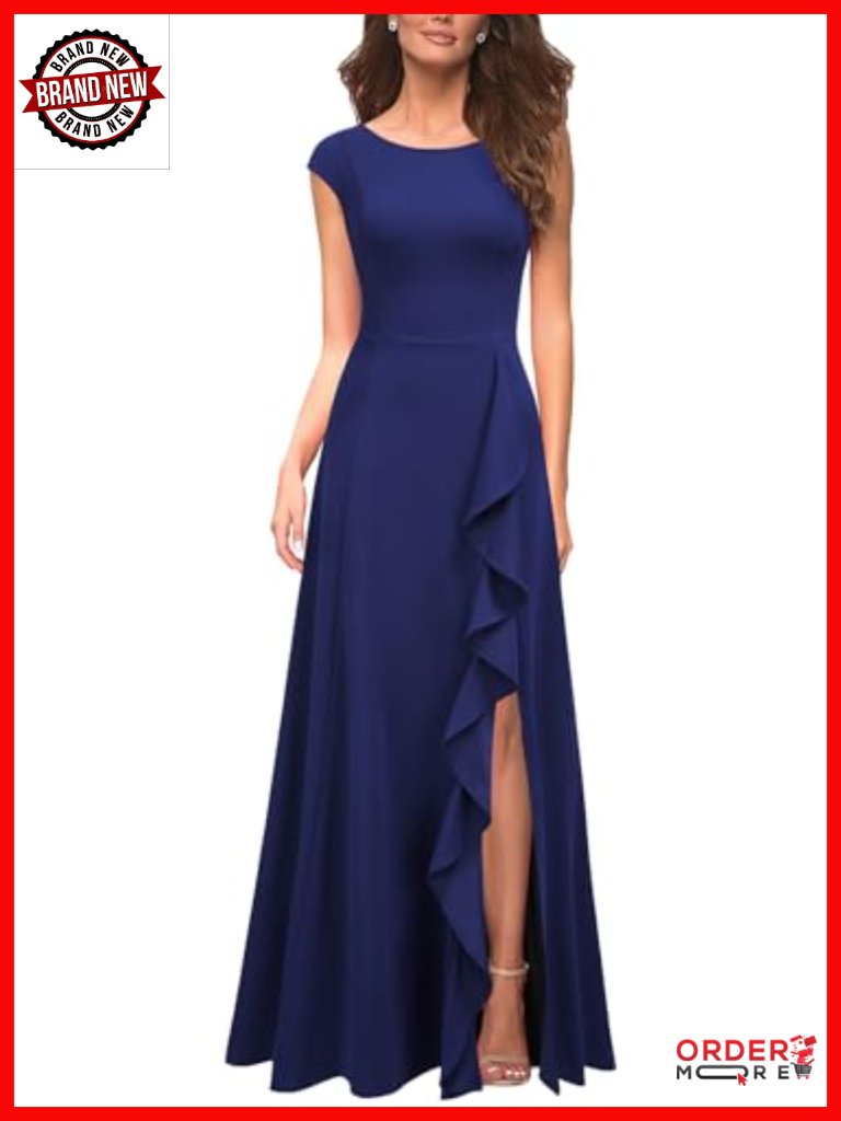 Ruffled Split Maxi Dress With Pockets Long Sleeve Formal Evening Party Dress